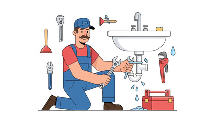 Plumber kneeling to fix a leaking sink drain with various tools surrounding him