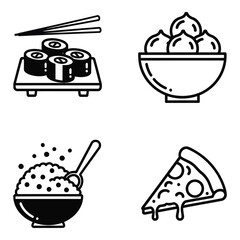 International food icons: sushi, dumplings, rice bowl, and pizza slice, representing diverse cuisine and global dining. © Suhel_AI Design