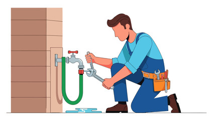 Plumber kneeling to fix a leaking outdoor spigot connected to a green hose