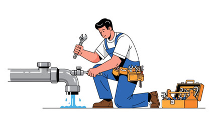 Plumber kneeling to repair a leaking pipe with a wrench toolbox nearby