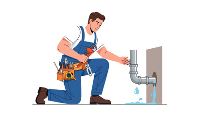 Plumber kneeling to repair a leaky pipe connection coming from a wall