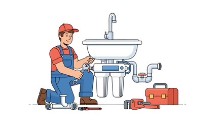 Plumber kneeling to fix a sink with undersink water filters and tools