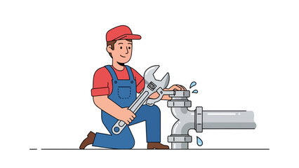 Plumber kneeling using a wrench on a leaking pipe fixture