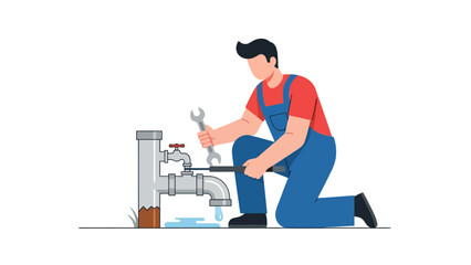 Plumber kneeling using wrenches to repair a leaking outdoor pipe system