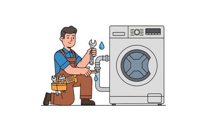 Plumber kneels next to a leaking washing machine hose holding tools