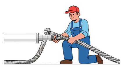Plumber kneels to adjust pipe connection with large wrench