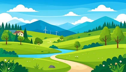 A vibrant cartoon landscape showcases green hills, a winding river, and a distant house. Wind turbines dot the scene under a blue sky