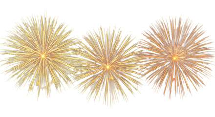 Obraz premium Three bursts of vibrant golden-orange fireworks, radiating intricate sparks and lines, captured mid-explosion against a clean transparent background concept of festive celebration and awe