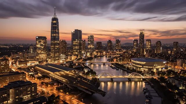 Illuminated Nanjing skyline at twilight showcases modern architecture reflecting in the river under a dramatic, colorful, picturesque sky in China.