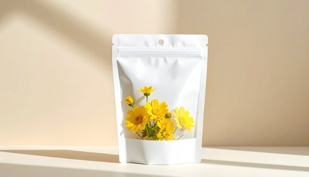 White stand up pouch with yellow flowers in clear window.
