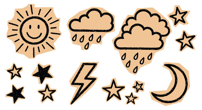 Weather doodle scrapbook elements. Hand drawn smiling sun, rain clouds, lightning bolt, moon and stars icons. Ink sketch texture on torn craft paper. Vector isolated sticker set collection.