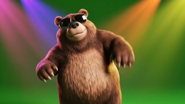 Animated bear character wearing sunglasses dancing with colorful spotlights