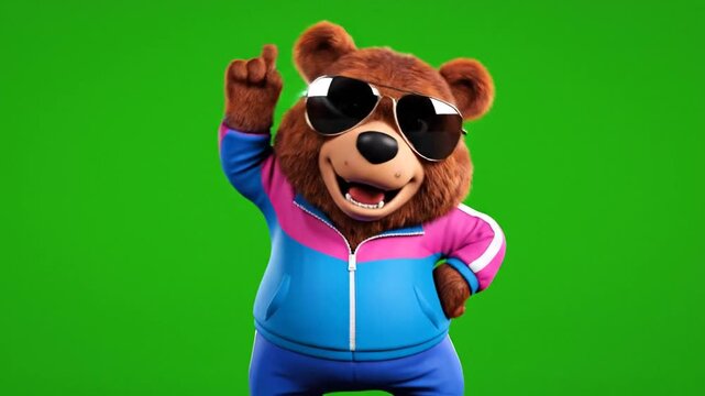 Animated bear wearing sunglasses on green screen for visual media