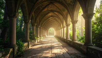 Obraz premium Ancient stone cloister walkway bathed in golden sunlight and lush greenery.