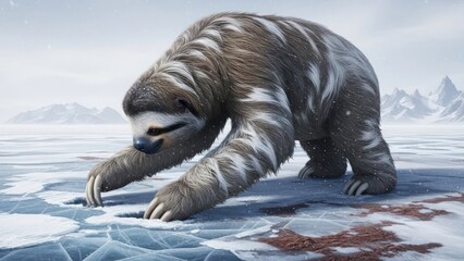 Naklejka premium Hypothetical sloth traverses frozen landscape an imagined glacial ecosystem exploration