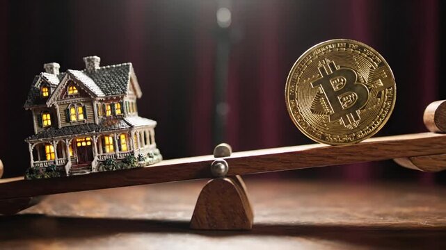 Comparing the value of housing versus Bitcoin on a balanced scale symbolizing financial investment choices