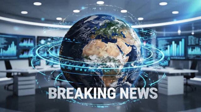 A futuristic newsroom with a large globe and Breaking News text on a screen with a modern and sleek design conveying a sense of urgency and technology.
