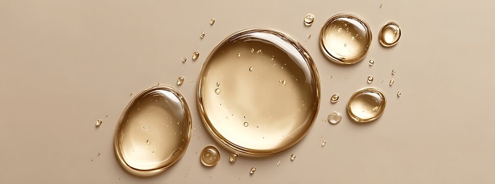 High-quality close-up of golden liquid oil drops on a beige surface, 3d rendering face serum cosmetic abstract background