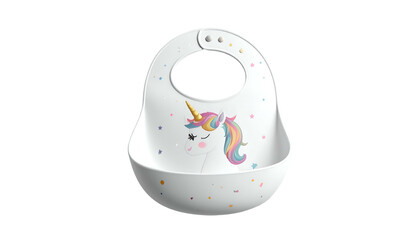White Baby Bib with Unicorn Design.