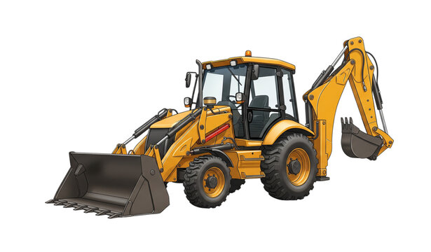 A yellow backhoe loader excavator on a white background