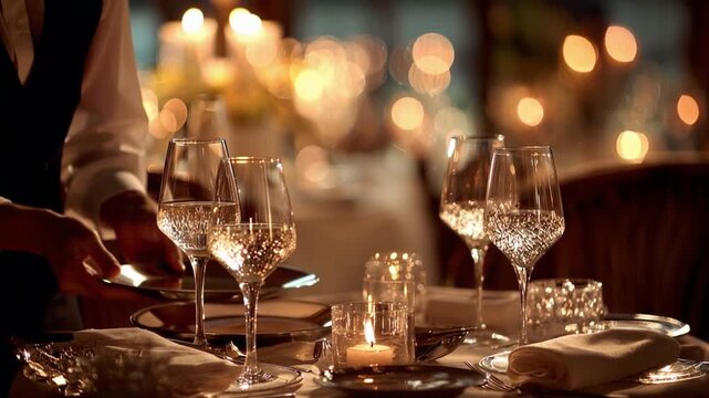  A poised waiter meticulously arranges silverware and glassware on a table setting, with soft candlelight illuminating the elegant scene and reflecting off the crystal.