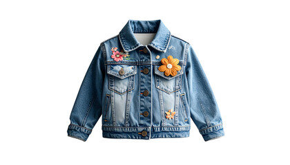 Denim Jacket with Embroidered Floral Patches.