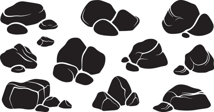 Black rocks and stones on white background illustration set