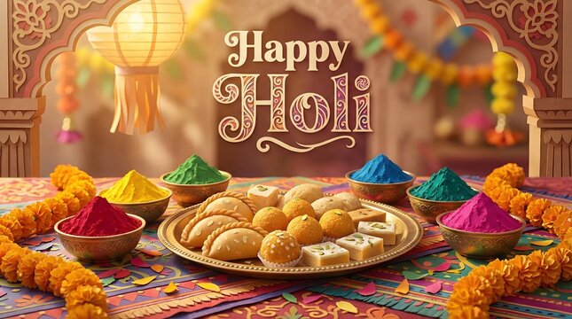 Colorful Holi festival celebration with sweets, powders, and decorations isolated on transparent background
