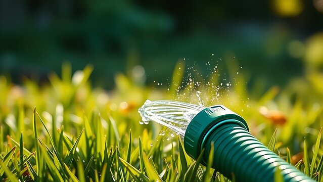 constriction. Green garden hose kinked, spraying water on sunlit grass. event key visuals, club posters, designed for sports event promotions and stadium branding and fitness apps and gym onboarding.