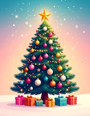 Obraz premium A vibrant, cartoon-style Christmas tree stands tall, adorned with colorful ornaments and a star on top, surrounded by presents