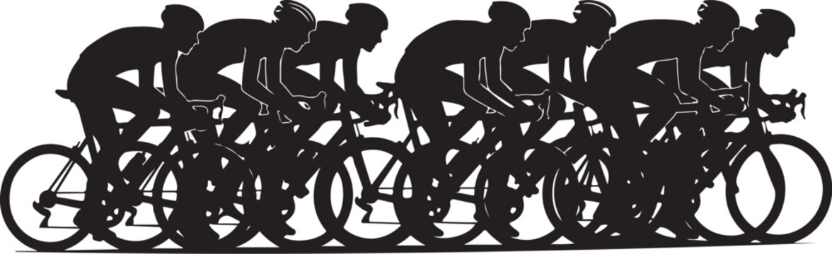 Silhouette of Cyclists Riding in a Peloton Formation Together