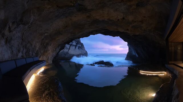 Cinematic view from luxury grotto pool as waves crash at sunset