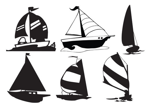 Collection of Six day Black Silhouette Sailboats on a White Background sailing yacht
