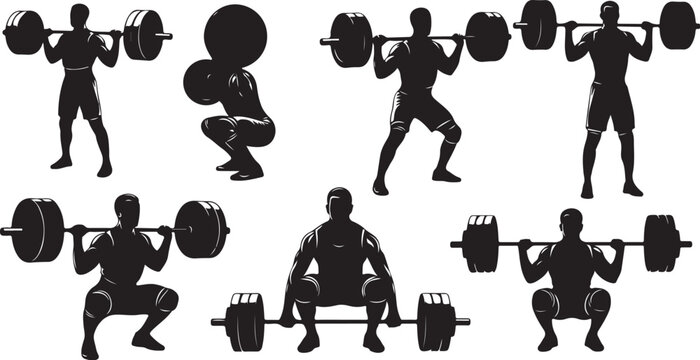 Silhouette of a man lifting weights in various positions