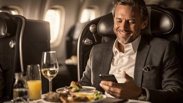  A distinguished man indulges in the luxury of first-class air travel, enjoying fine dining and connectivity in a refined setting.