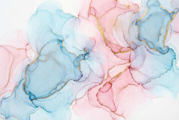 Fototapeta premium Abstract alcohol ink background with pastel pink and blue fluid textures and gold glitter veins
