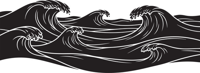 Fototapeta premium Dramatic Black and White Ocean Waves Crashing Illustration Art