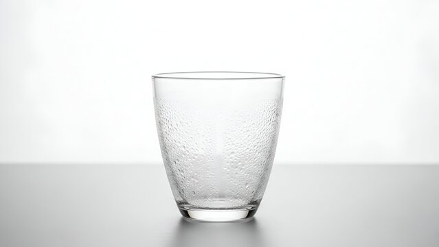 Clear glass cup with subtle condensation on a reflective surface viewed from the side
