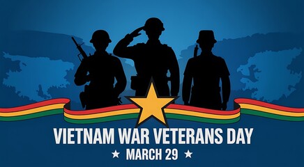 Fototapeta premium Vietnam war veterans day on March twenty nine depicted with silhouette of three soldiers saluting against blue textured background with ribbon and star