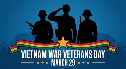 Naklejka premium Vietnam war veterans day on March twenty nine depicted with silhouette of three soldiers saluting against blue textured background with ribbon and star