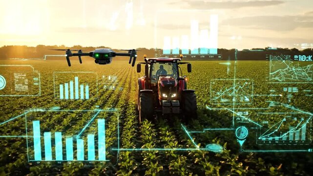A modern tractor drives through a lush green field with a drone flying overhead at sunrise with digital graphs overlay