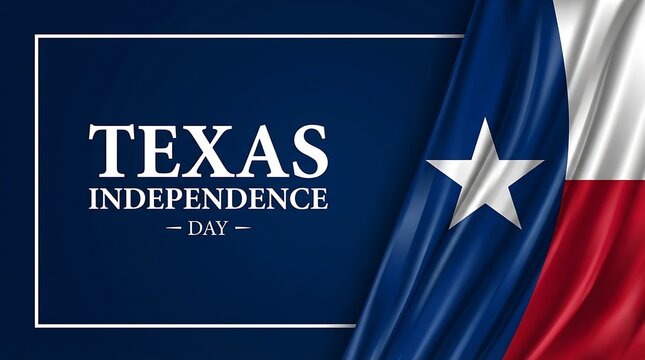 Texas independence day text on blue background with Texas flag waving on side, graphic design for holiday greeting or announcement, USA state celebration, patriotism