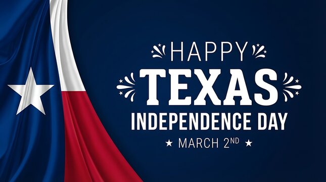 Happy Texas independence day march 2nd illustration with Texas flag waving on blue background and white text celebrating freedom and state holiday, American patriotism