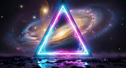 Glowing neon triangle structure hovers above a dark, reflective terrain set against a backdrop of a vibrant cosmic galaxy.