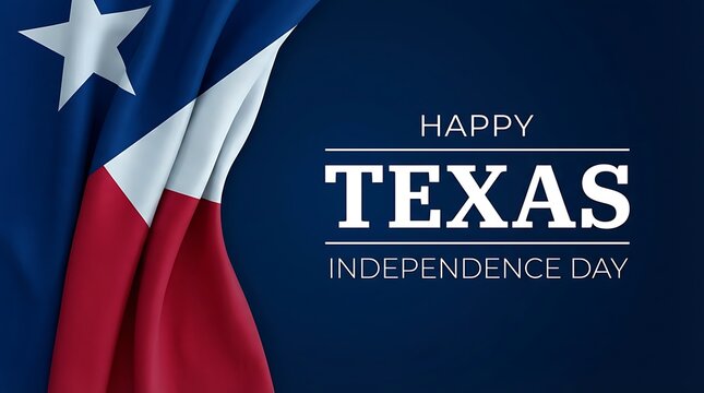 Happy Texas independence day greeting with waving Texas flag on dark blue background with white text and lines