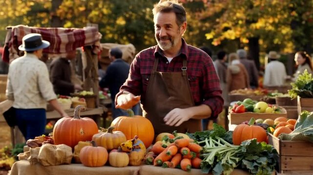Man selling pumpkins and vegetables market.