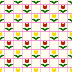 seamless floral pattern , Seamless Tulip Flower Pattern with Pink Grid &ndash; Red and Yellow Blossoms on Cream Background