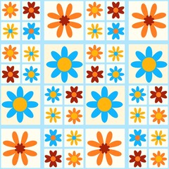 seamless floral pattern Seamless Tulip Flower Pattern with blue Grid &ndash; Red and Yellow Blossoms on Cream Background