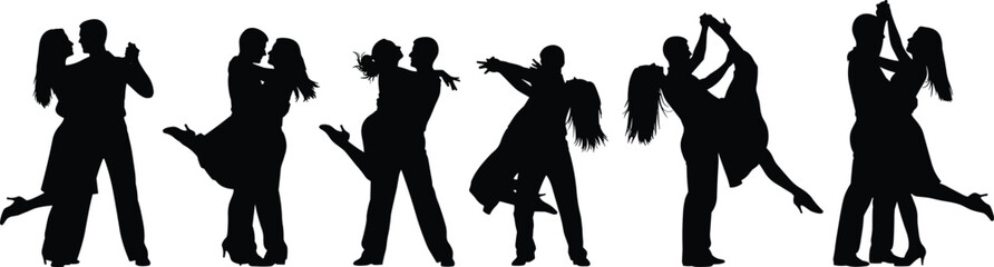 Dancing Couple Silhouette Set Showing Romantic Men and Women Performing Ballroom and Social Dance Poses Isolated on White Background