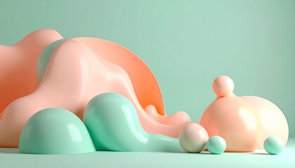 High-quality 3D render, abstract puffy soft shapes, pastel peach and mint green colors, claymorphism style, soft studio lighting, playful organic blobs, clean composition with negative space for text,